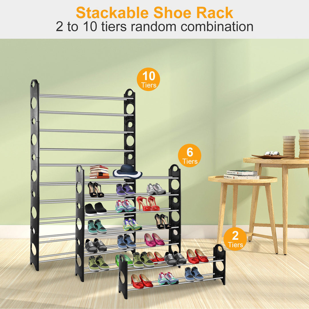 50 Pair Shoe Rack Storage Organizer Adjustable Stackable Black 10-Tier Closet Shelves Image 3