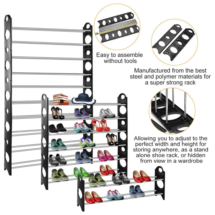 50 Pair Shoe Rack Storage Organizer Adjustable Stackable Black 10-Tier Closet Shelves Image 6