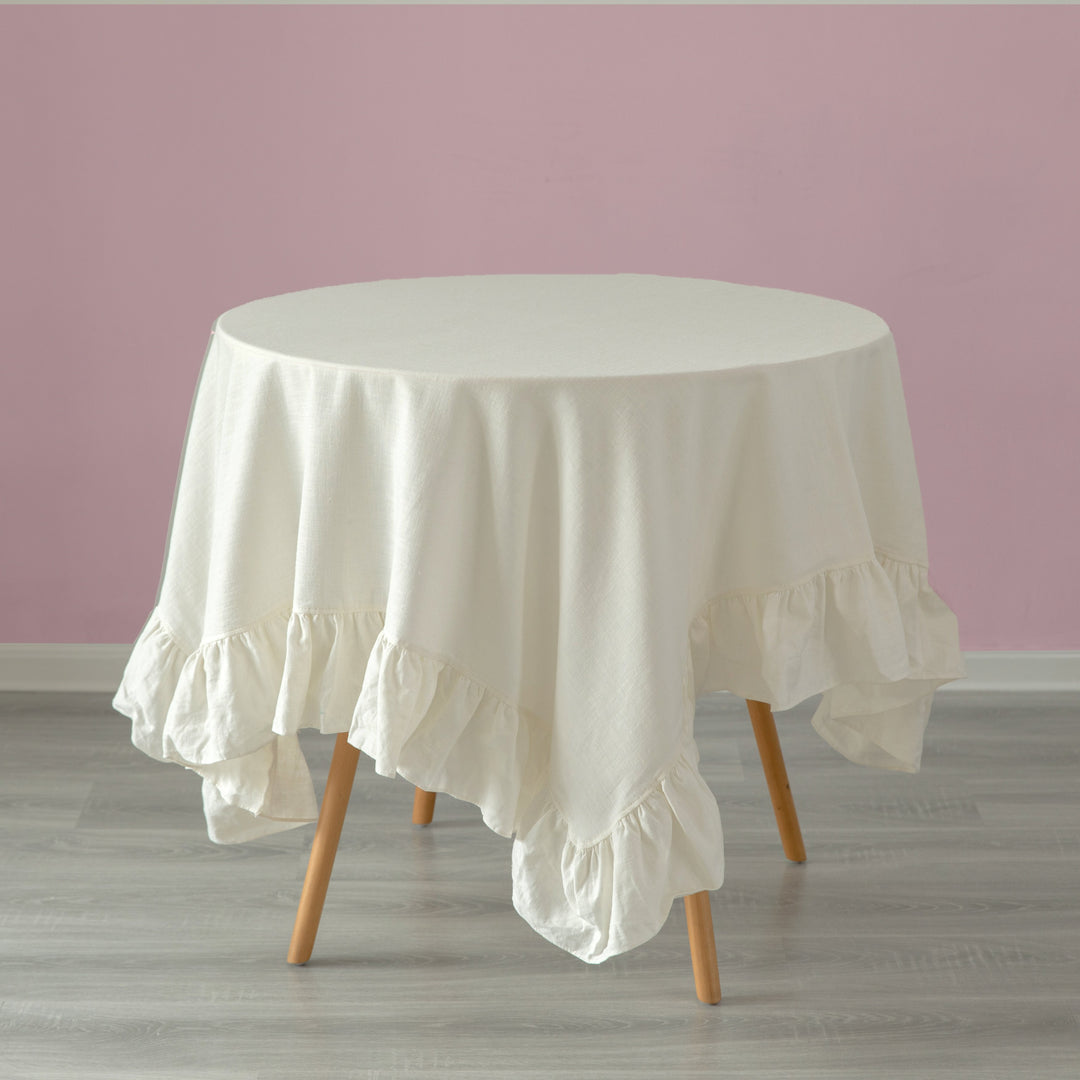 Deerlux 100 Percent Pure Linen Tablecloth Ruffle Trim Multiple Sizes Colors Image 2