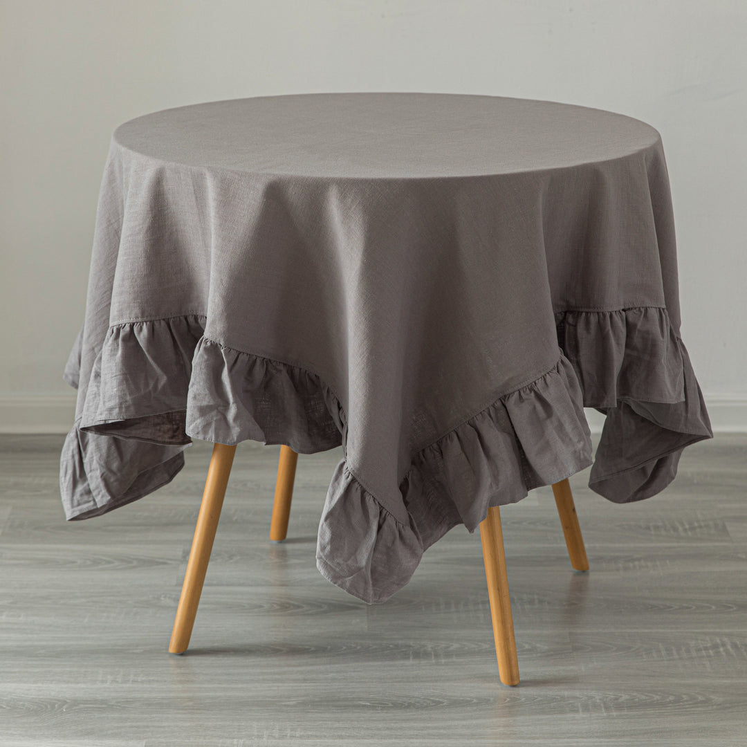 Deerlux 100 Percent Pure Linen Tablecloth Ruffle Trim Multiple Sizes Colors Image 1