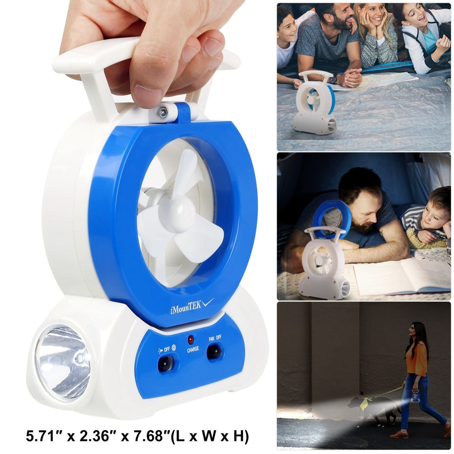 Multi-Functional Desk Fan LED Lamp Flashlight Portable Compact Blue and White Image 1