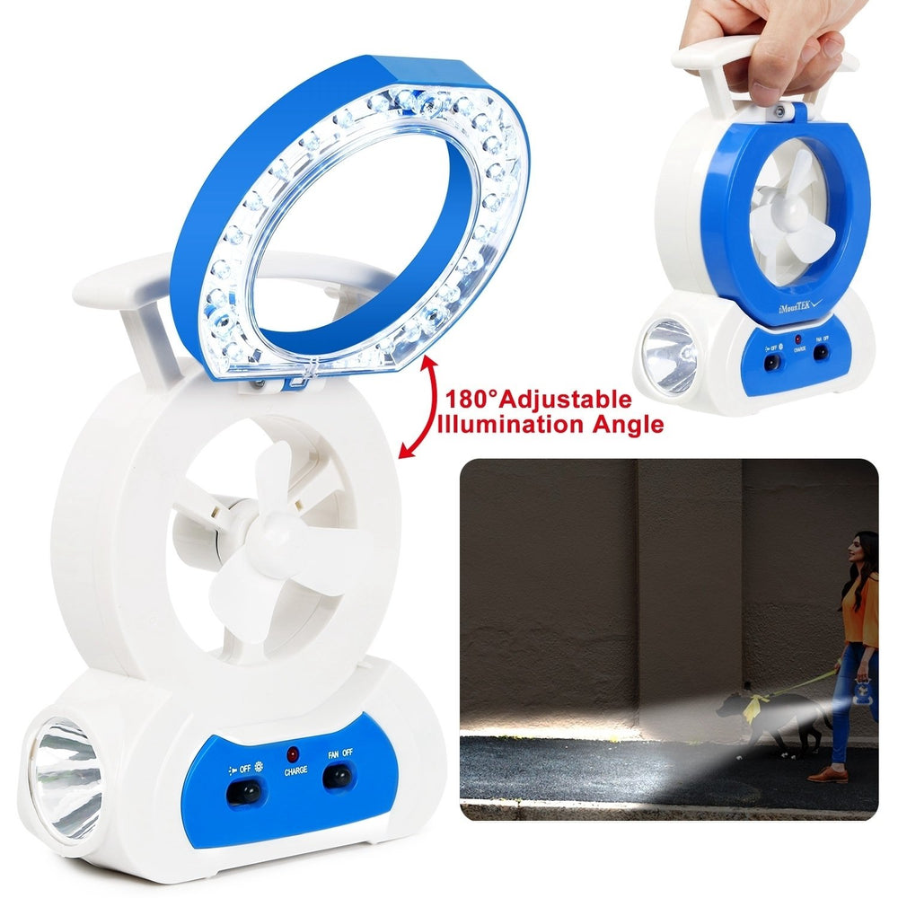 Multi-Functional Desk Fan LED Lamp Flashlight Portable Compact Blue and White Image 2