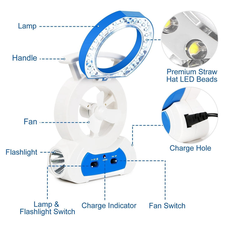 Multi-Functional Desk Fan LED Lamp Flashlight Portable Compact Blue and White Image 4