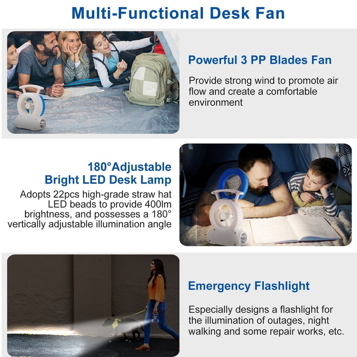 Multi-Functional Desk Fan LED Lamp Flashlight Portable Compact Blue and White Image 5