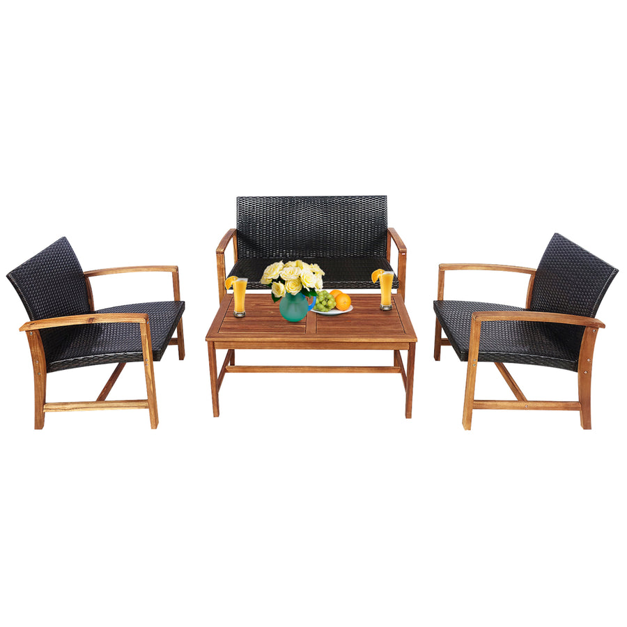 4PCS Outdoor Patio Rattan Furniture Set Acacia Wood Frame Sofa Loveseat Garden Image 1