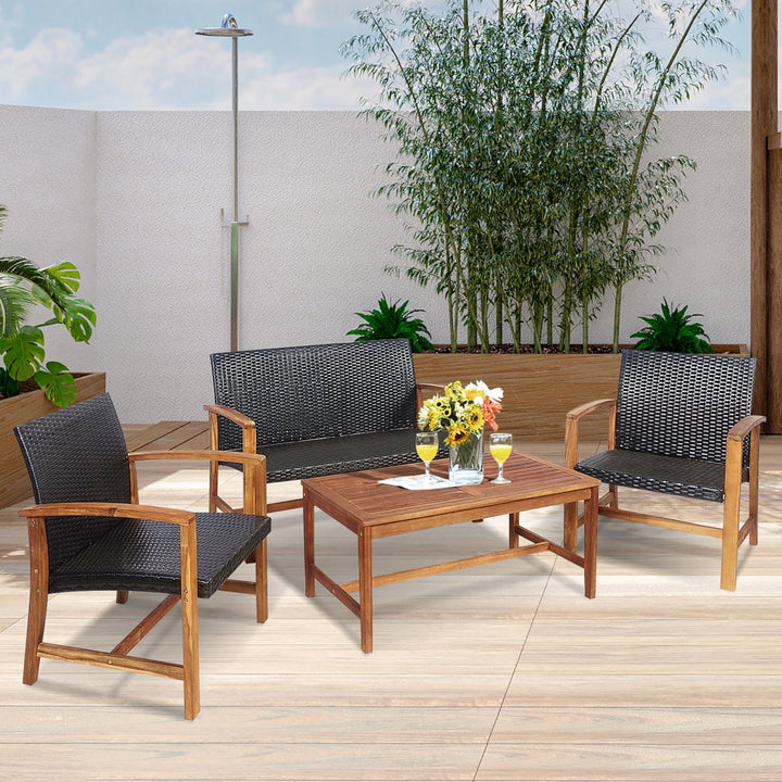 Costway 8PCS Outdoor Patio Rattan Furniture Set Acacia Wood Frame Sofa Loveseat Garden Image 4