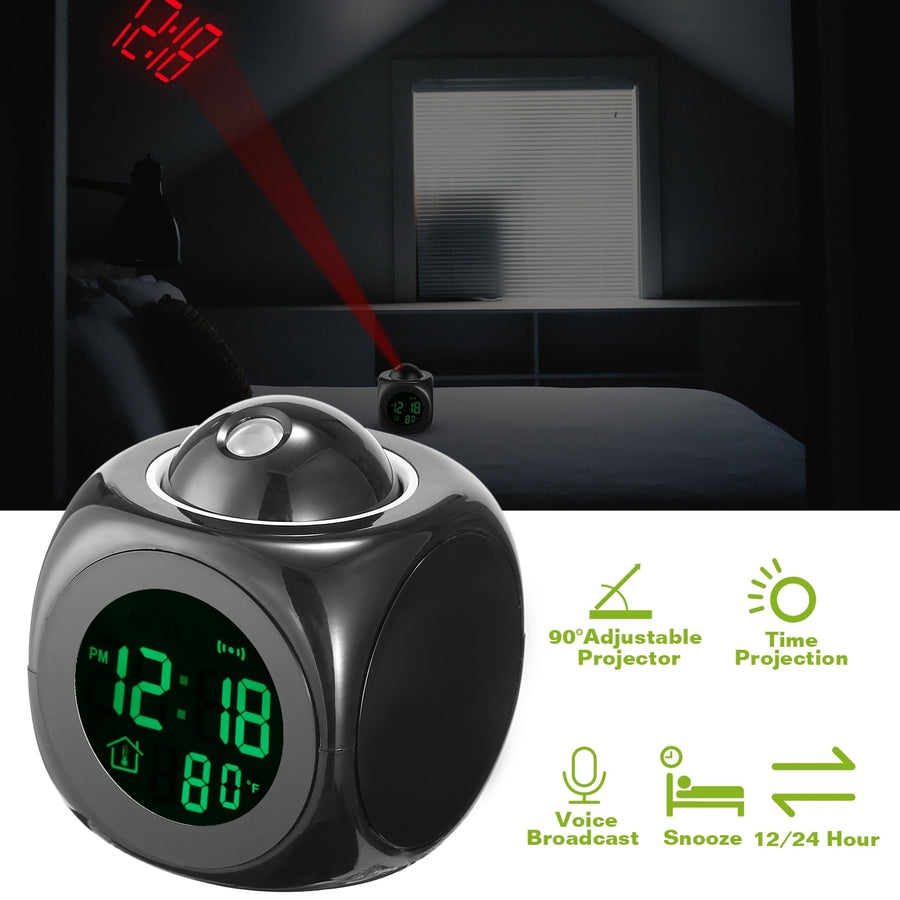 LCD Projection Alarm Clock Battery Powered Black with Voice Broadcast Temperature Image 1