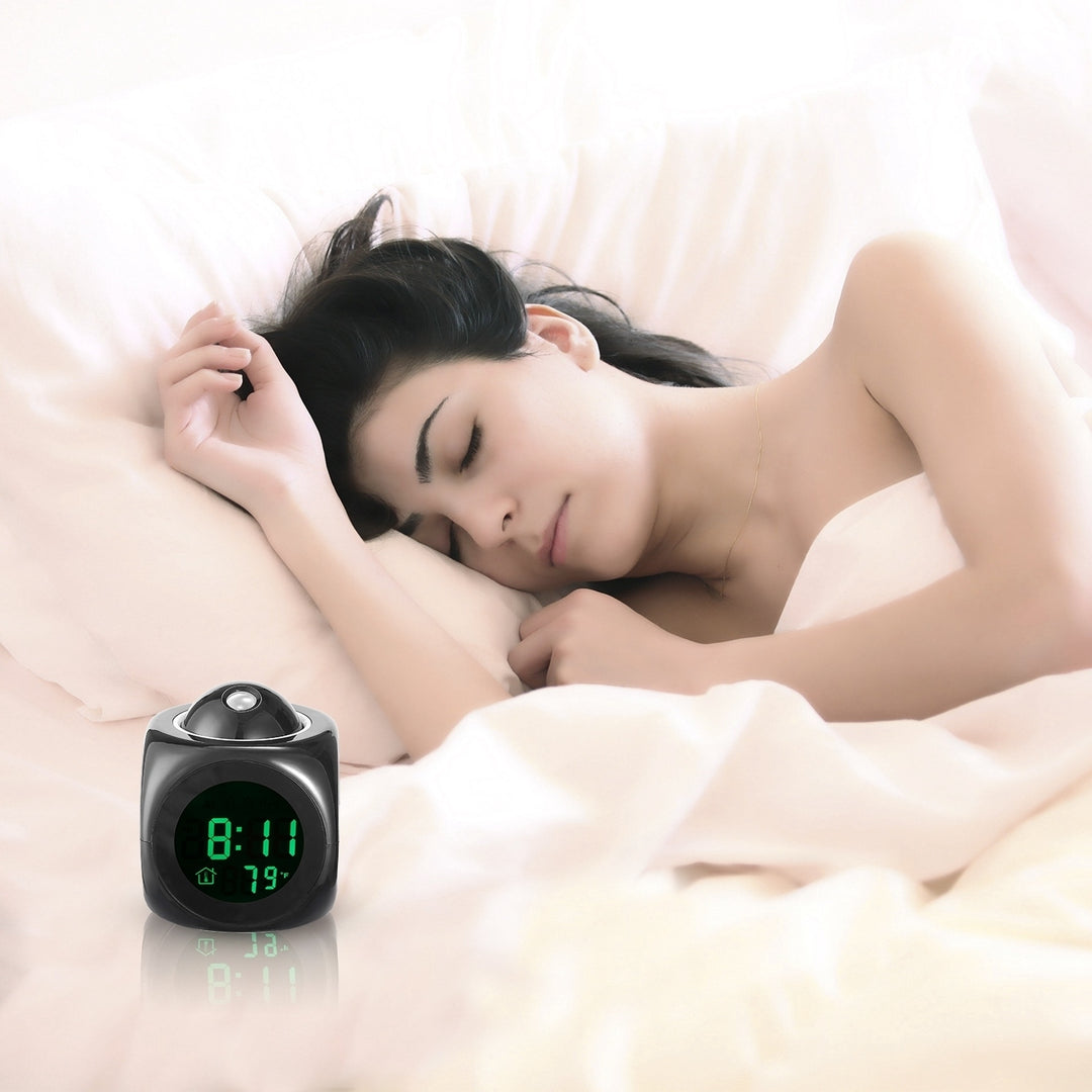 LCD Projection Alarm Clock Battery Powered Black with Voice Broadcast Temperature Image 3