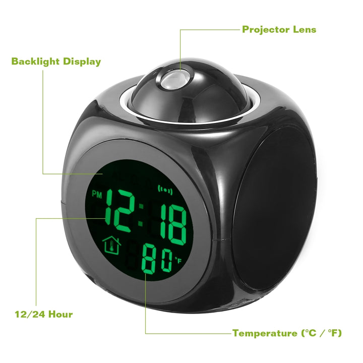 LCD Projection Alarm Clock Battery Powered Black with Voice Broadcast Temperature Image 4