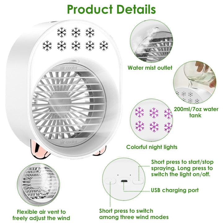 Portable USB Rechargeable Mini Air Conditioner Fan Cooling Humidifier White 5.35in Image 7