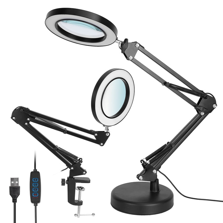 LED Magnifier Desk Lamp 8X Glass Lens Black Adjustable Light 3 Modes 10 Brightness Image 1