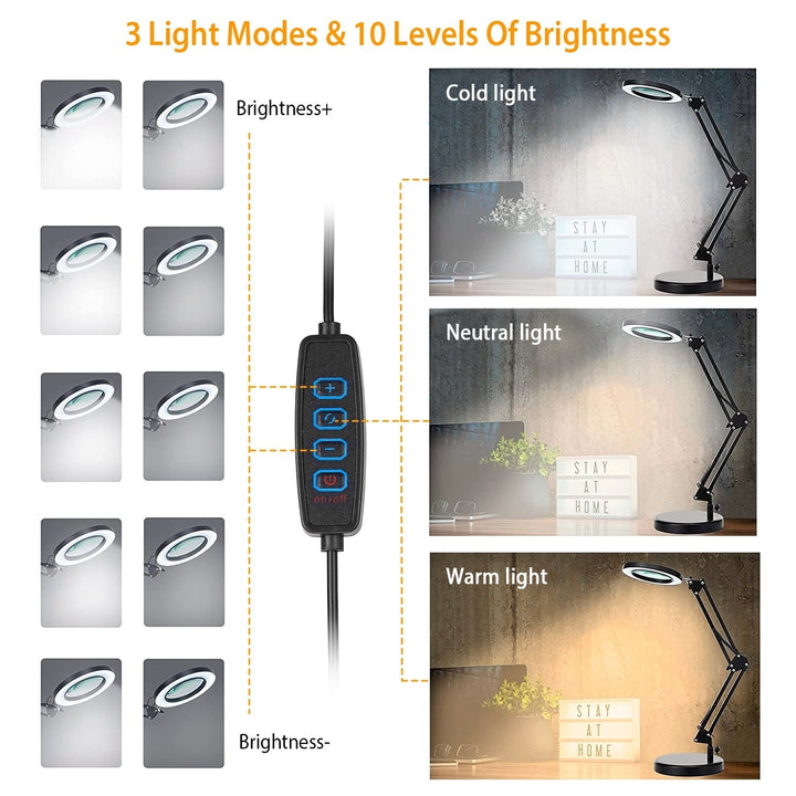 LED Magnifier Desk Lamp 8X Glass Lens Black Adjustable Light 3 Modes 10 Brightness Image 3