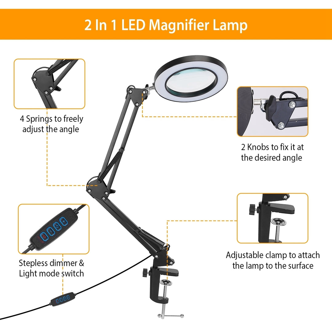 LED Magnifier Desk Lamp 8X Glass Lens Black Adjustable Light 3 Modes 10 Brightness Image 5