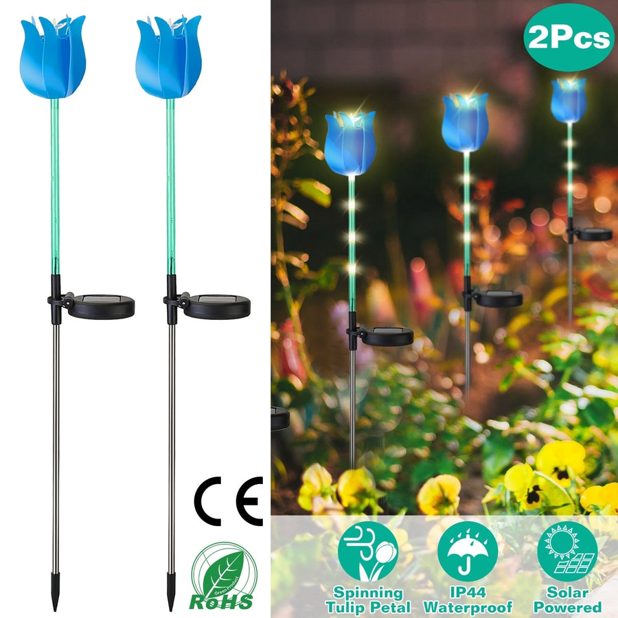 Solar Powered Tulip Garden Lights 2Pcs Waterproof Windmill Lawn Stake Lamps Image 1