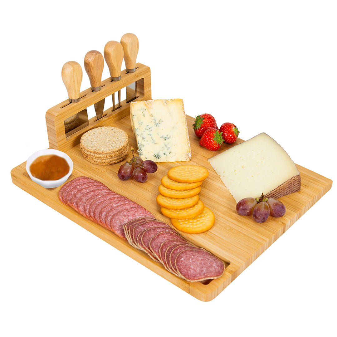 Bamboo Cheese Board Charcuterie Platter Set with Cutlery 14x11 inch Natural Image 1