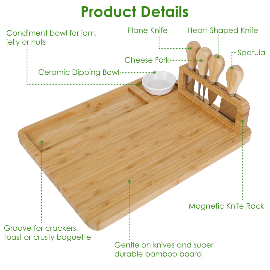 Bamboo Cheese Board Charcuterie Platter Set with Cutlery 14x11 inch Natural Image 2