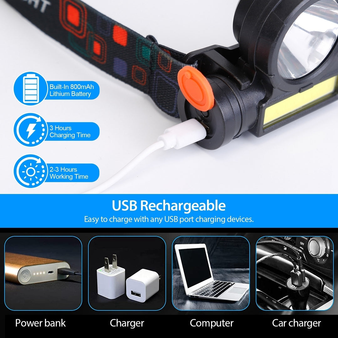 LED Headlight Torch USB Rechargeable 3 Modes Waterproof Adjustable Black 800mAh Image 5