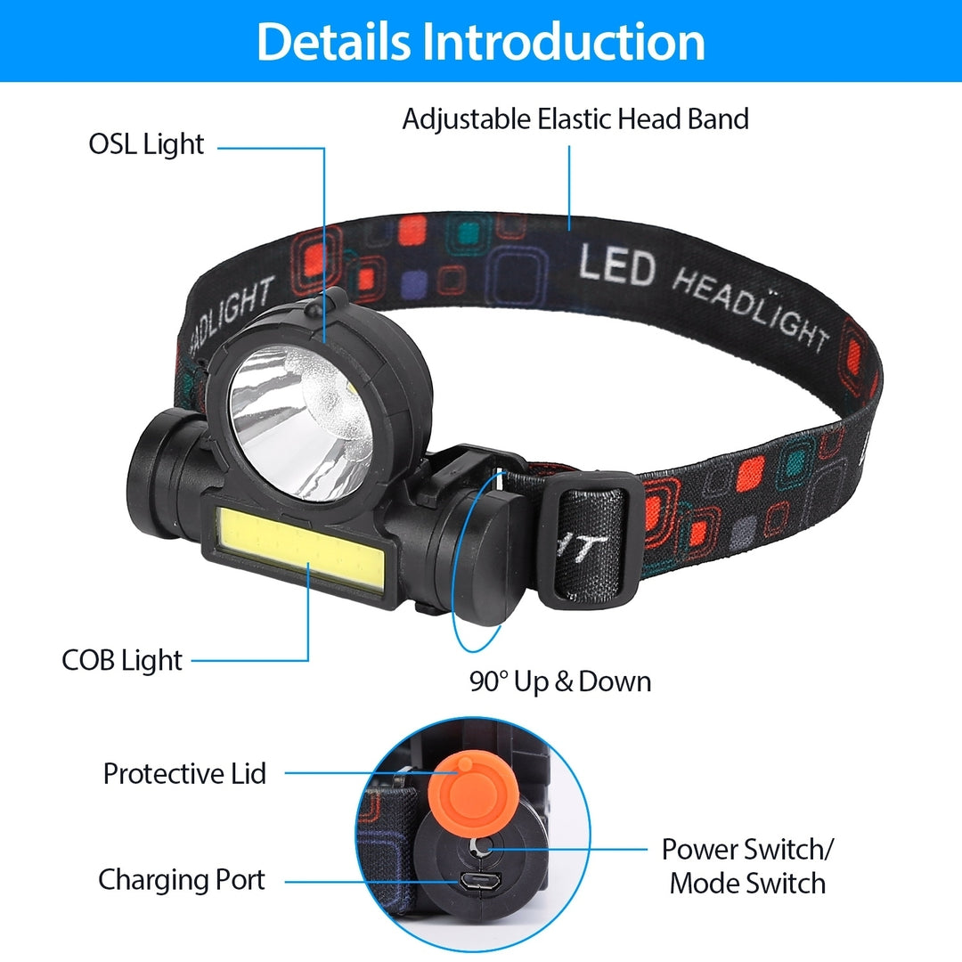 LED Headlight Torch USB Rechargeable 3 Modes Waterproof Adjustable Black 800mAh Image 6