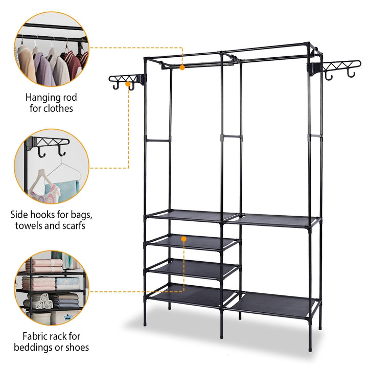 Metal Garment Rack Freestanding Clothing Organizer with Shelves and Hooks Black Image 3