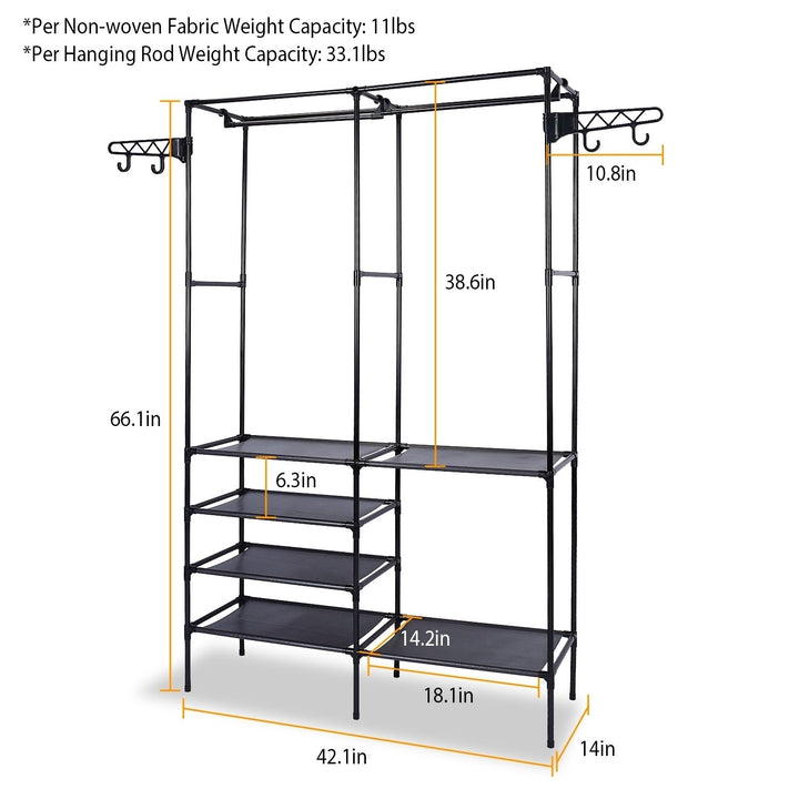 Metal Garment Rack Freestanding Clothing Organizer with Shelves and Hooks Black Image 4