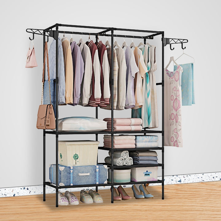 Metal Garment Rack Freestanding Clothing Organizer with Shelves and Hooks Black Image 7