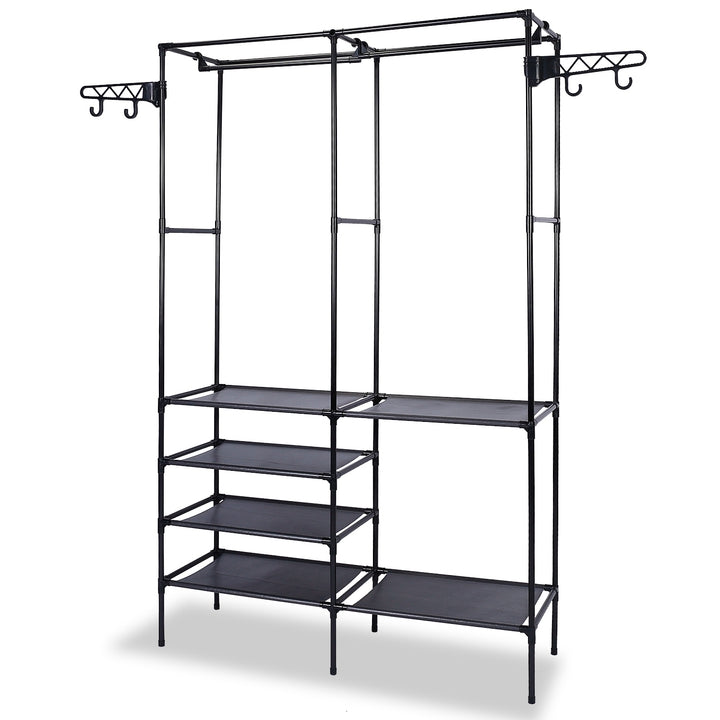 Metal Garment Rack Freestanding Clothing Organizer with Shelves and Hooks Black Image 8