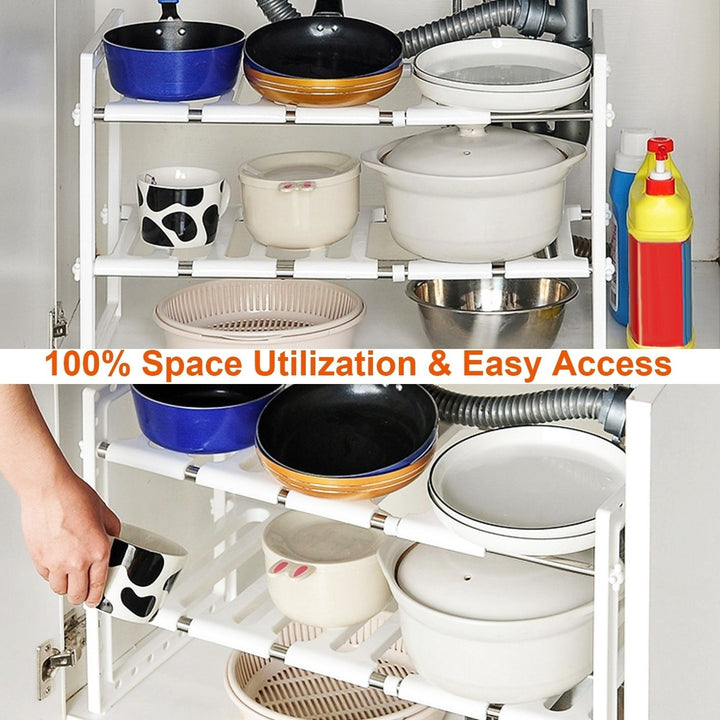 2 Tier Under Sink Organizer Stainless Steel Adjustable Storage Rack White 22LBS Max Load Image 2