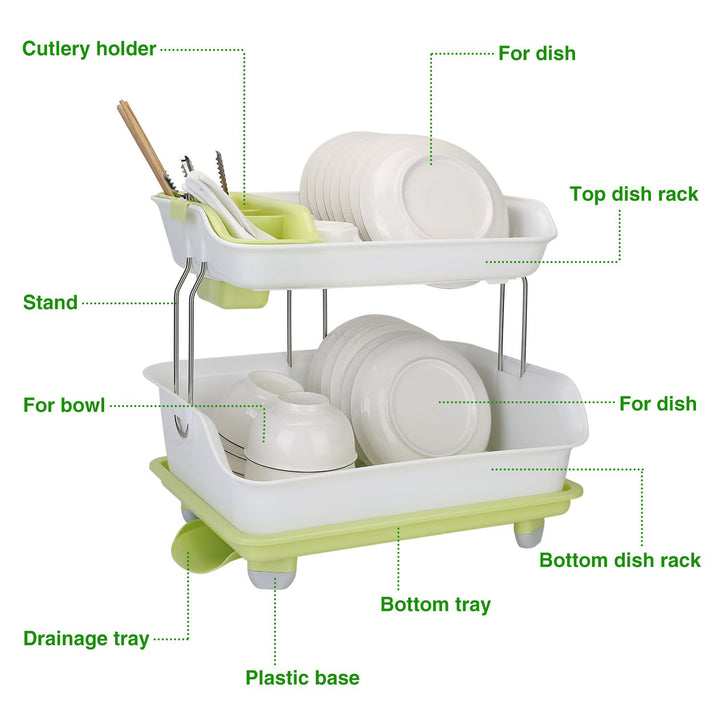 2 Tier Dish Drying Rack Stainless Steel Green and White Kitchen Organizer 16.5in Image 2