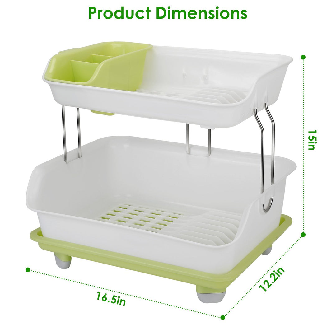 2 Tier Dish Drying Rack Stainless Steel Green and White Kitchen Organizer 16.5in Image 4