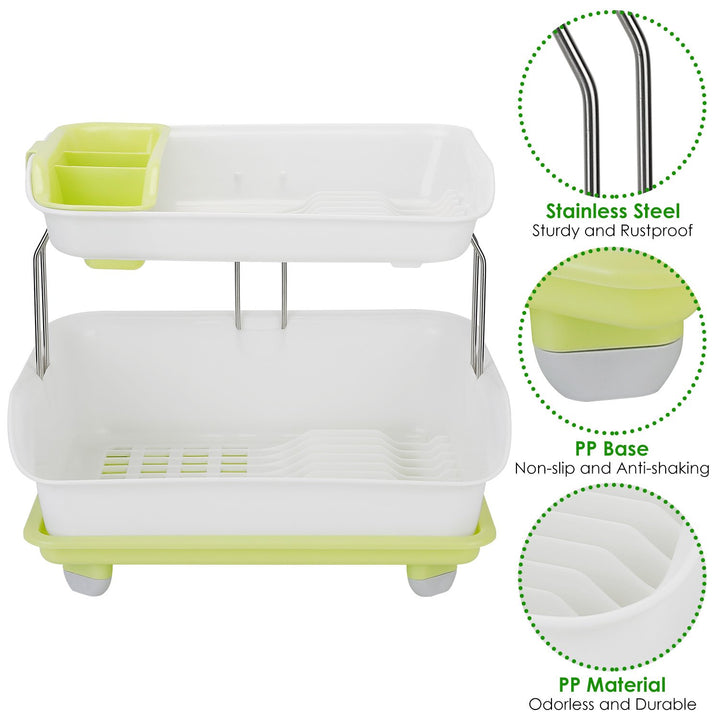 2 Tier Dish Drying Rack Stainless Steel Green and White Kitchen Organizer 16.5in Image 5