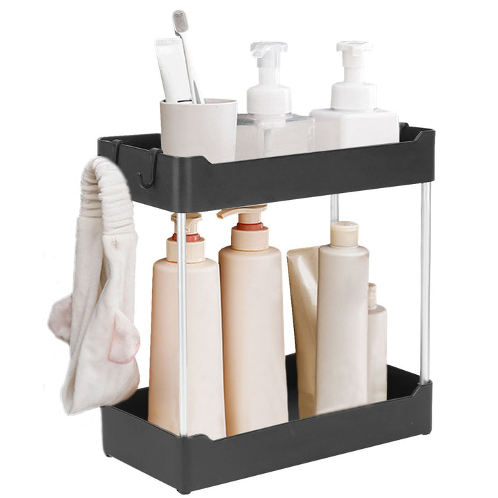 2 Tier Under Sink Shelf Organizer Black PP Aluminum Storage Rack 12.4x5.31in Image 1