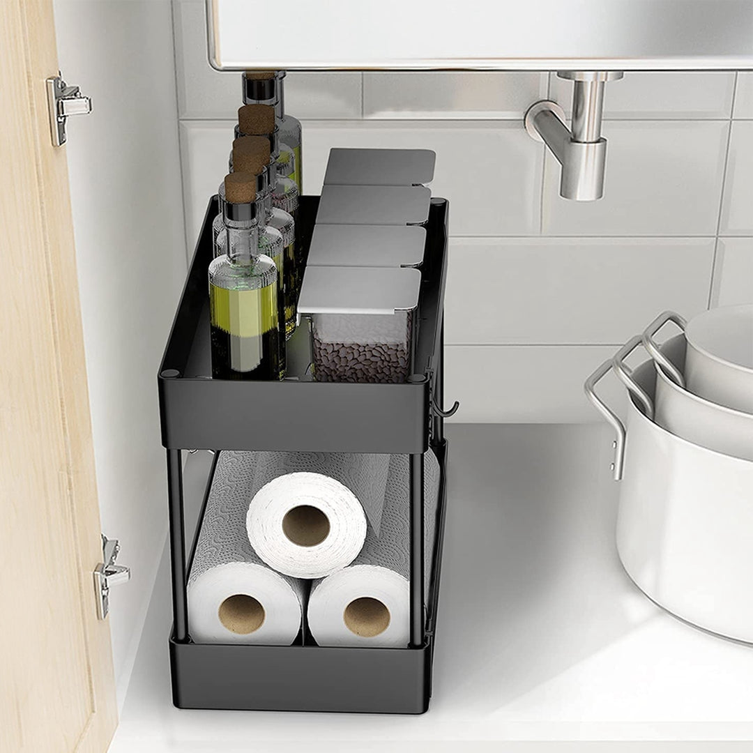 2 Tier Under Sink Shelf Organizer Black PP Aluminum Storage Rack 12.4x5.31in Image 4