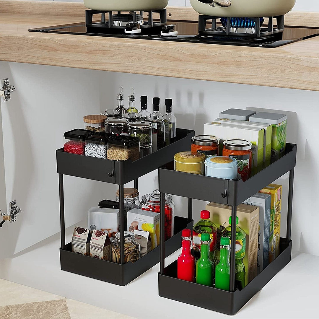 2 Tier Under Sink Shelf Organizer Black PP Aluminum Storage Rack 12.4x5.31in Image 6