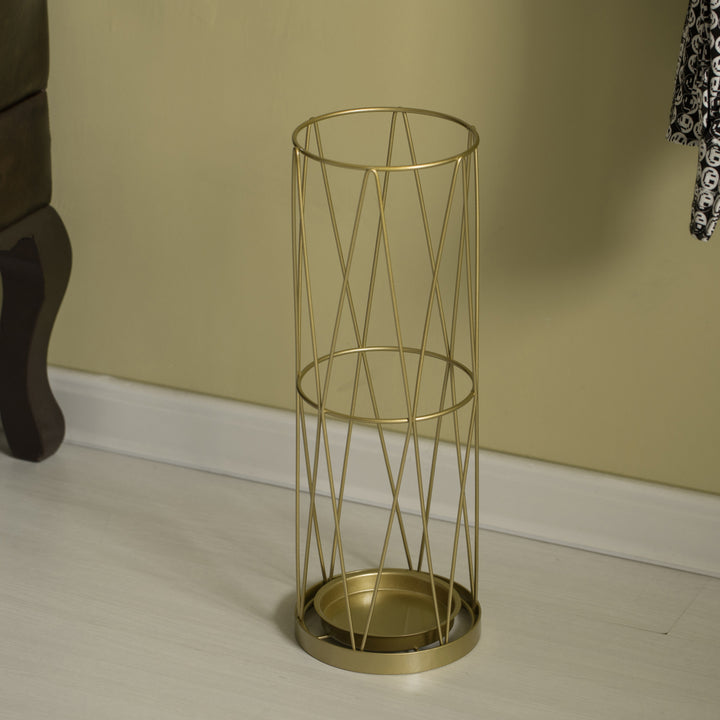 Gold Metal Umbrella Stand Holder 6x6x17.75 Inch Indoor Outdoor with Drip Tray Image 3