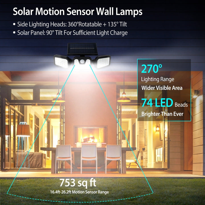 Solar Wall Lamp 74 LEDs Motion Sensor IP65 Waterproof Outdoor Security Light Image 2