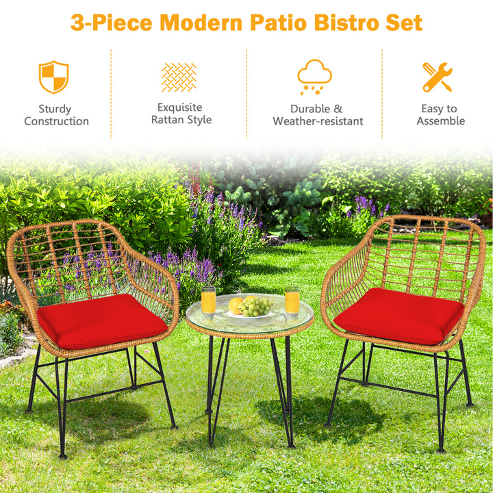 3PCS Rattan Patio Bistro Set Conversation Furniture Set w/ Cushions Image 3