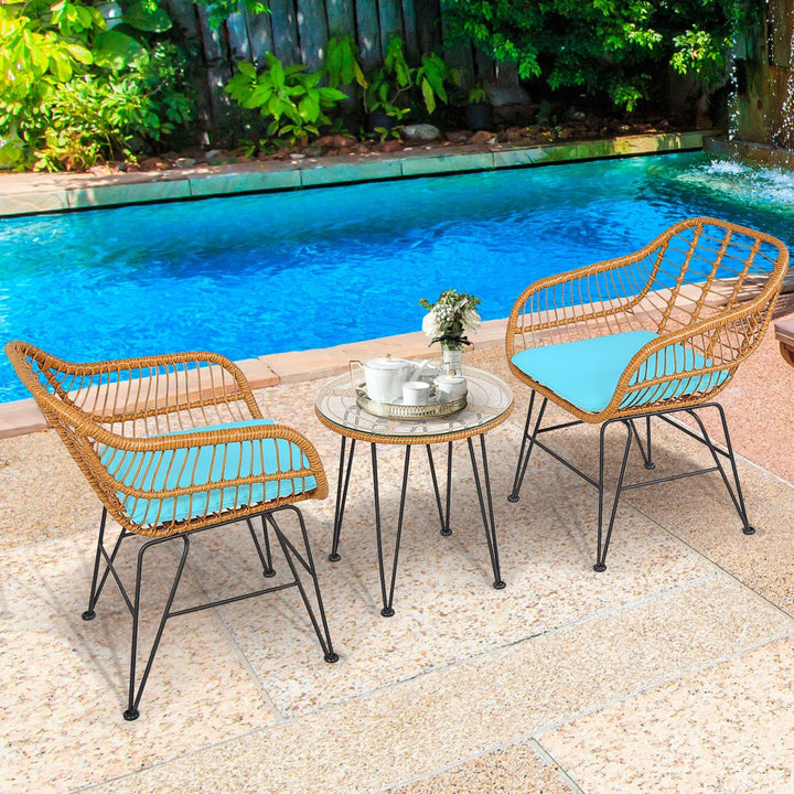 3PCS Rattan Patio Bistro Set Conversation Furniture Set w/ Cushions Image 4