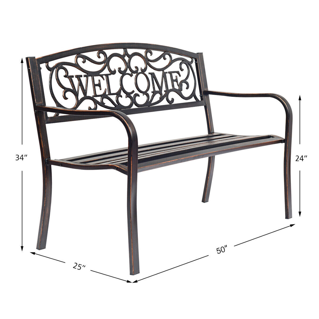 Antique Metal Garden Bench Patio Park Outdoor w/ Armrest Welcome Pattern Image 2