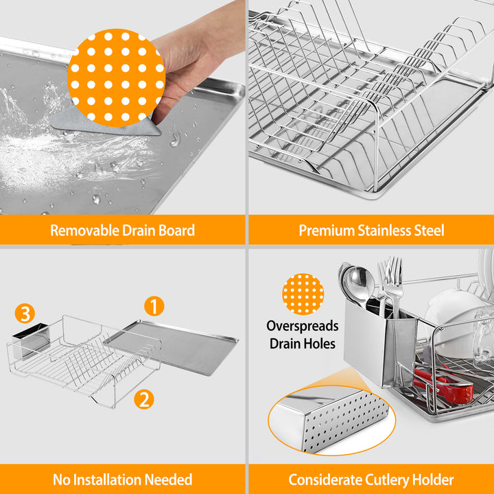 Stainless Steel Dish Drying Rack with Drainboard and Cutlery Holder Space Saver Image 7