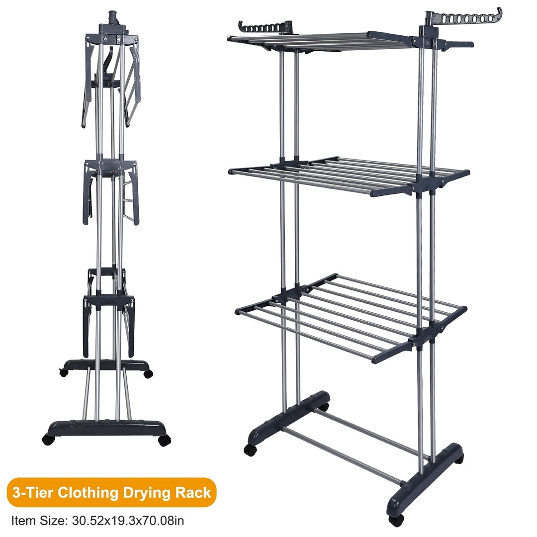 Collapsible Rolling Clothes Drying Rack 3-Tier Laundry Hanger Stand 88lbs Capacity Image 1