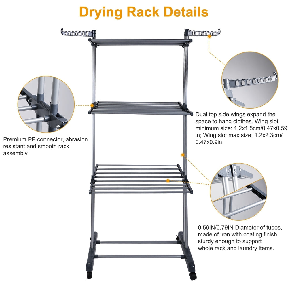 Collapsible Rolling Clothes Drying Rack 3-Tier Laundry Hanger Stand 88lbs Capacity Image 2