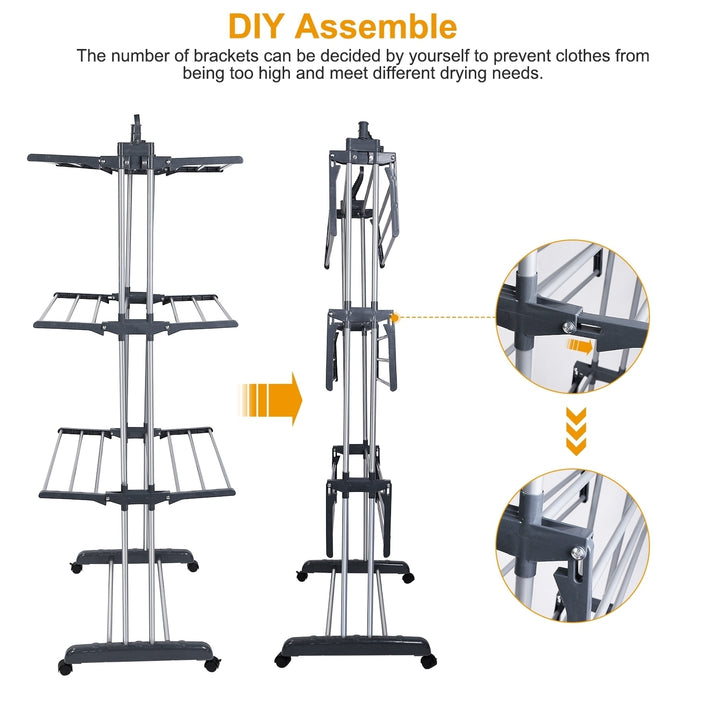 Collapsible Rolling Clothes Drying Rack 3-Tier Laundry Hanger Stand 88lbs Capacity Image 4