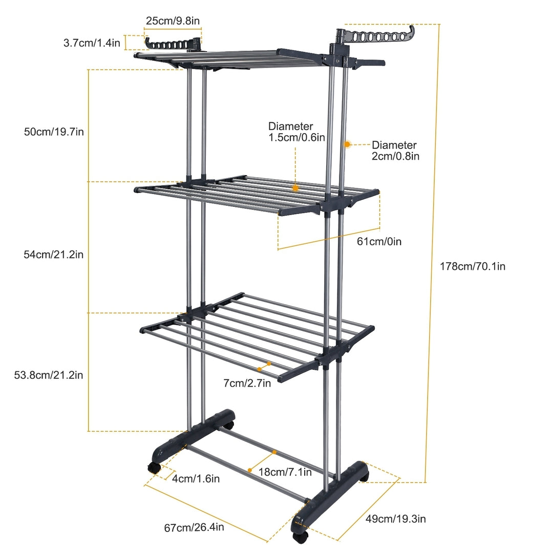 Collapsible Rolling Clothes Drying Rack 3-Tier Laundry Hanger Stand 88lbs Capacity Image 5