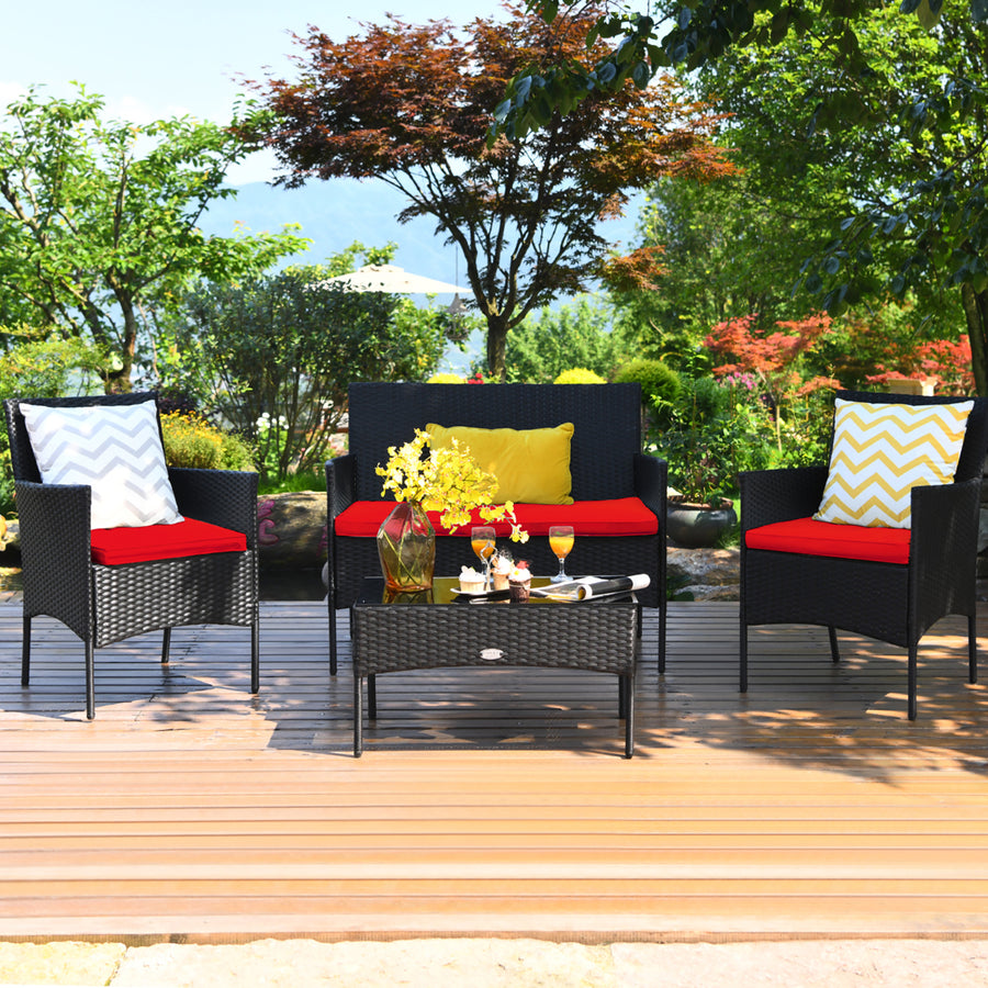 4PCS Rattan Patio Furniture Set Cushioned Sofa Chair Coffee Table Red Image 1