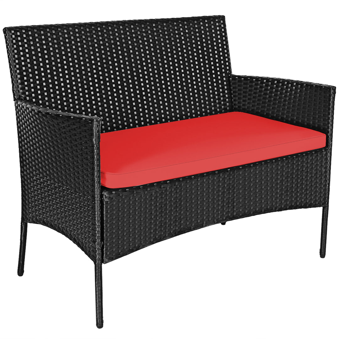 4PCS Rattan Patio Furniture Set Cushioned Sofa Chair Coffee Table Red Image 9