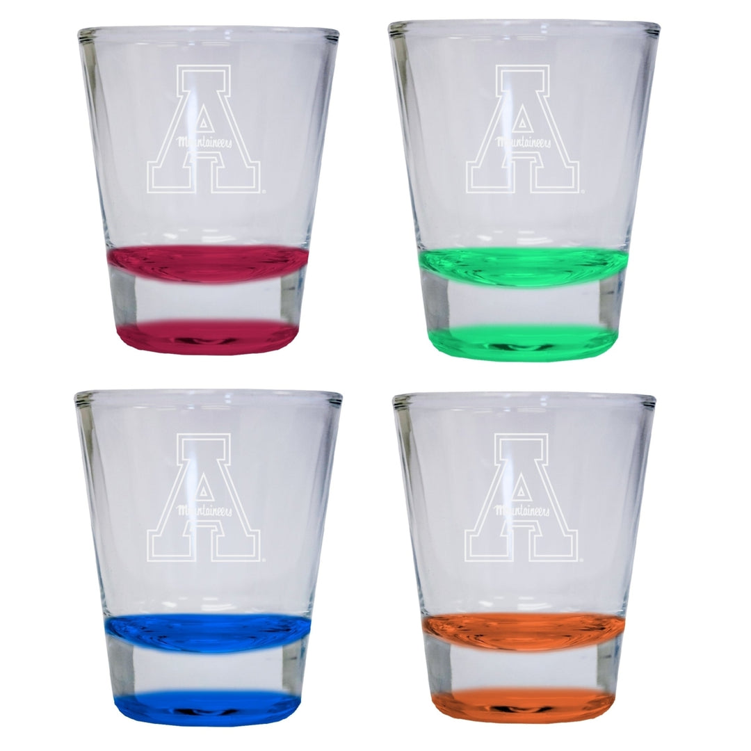 NCAA Appalachian State Collectors 2oz Laser-Engraved Spirit Shot Glass Red, Orange, Blue and Green 4-Pack Image 1