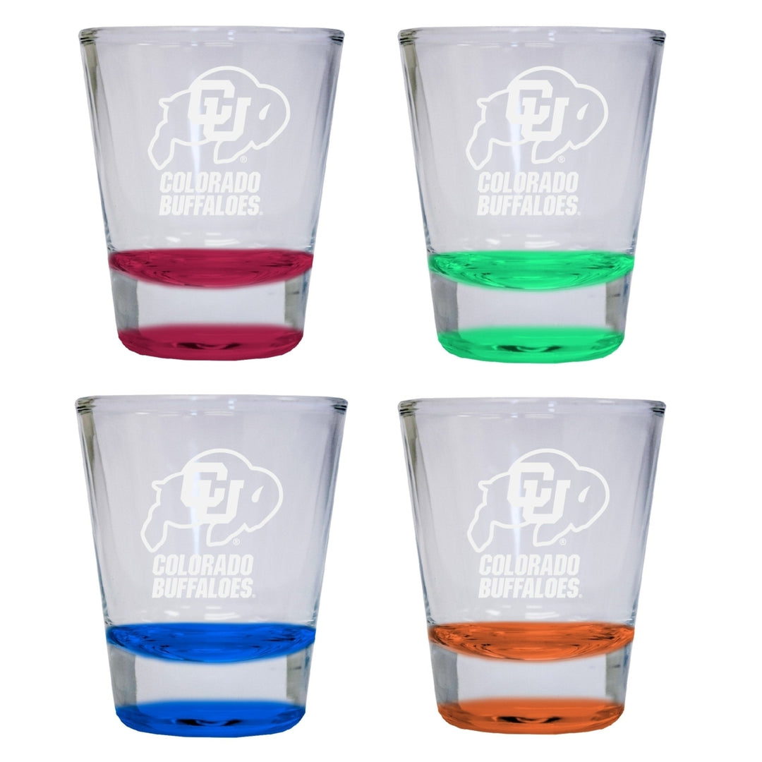 NCAA Colorado Buffaloes Collectors 2oz Laser-Engraved Spirit Shot Glass Red, Orange, Blue and Green 4-Pack Image 1