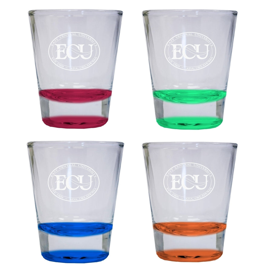 NCAA East Central University Tigers Collectors 2oz Laser-Engraved Spirit Shot Glass Red, Orange, Blue and Green 4-Pack Image 1