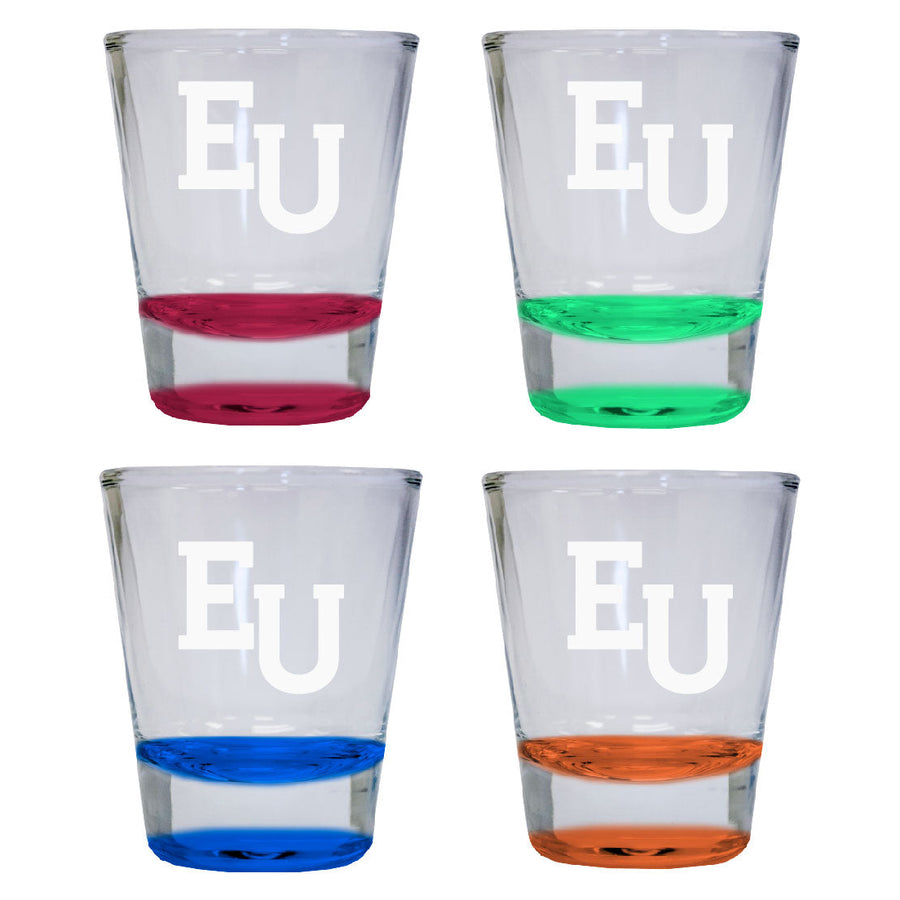 NCAA Edinboro University Collectors 2oz Laser-Engraved Spirit Shot Glass Red, Orange, Blue and Green 4-Pack Image 1