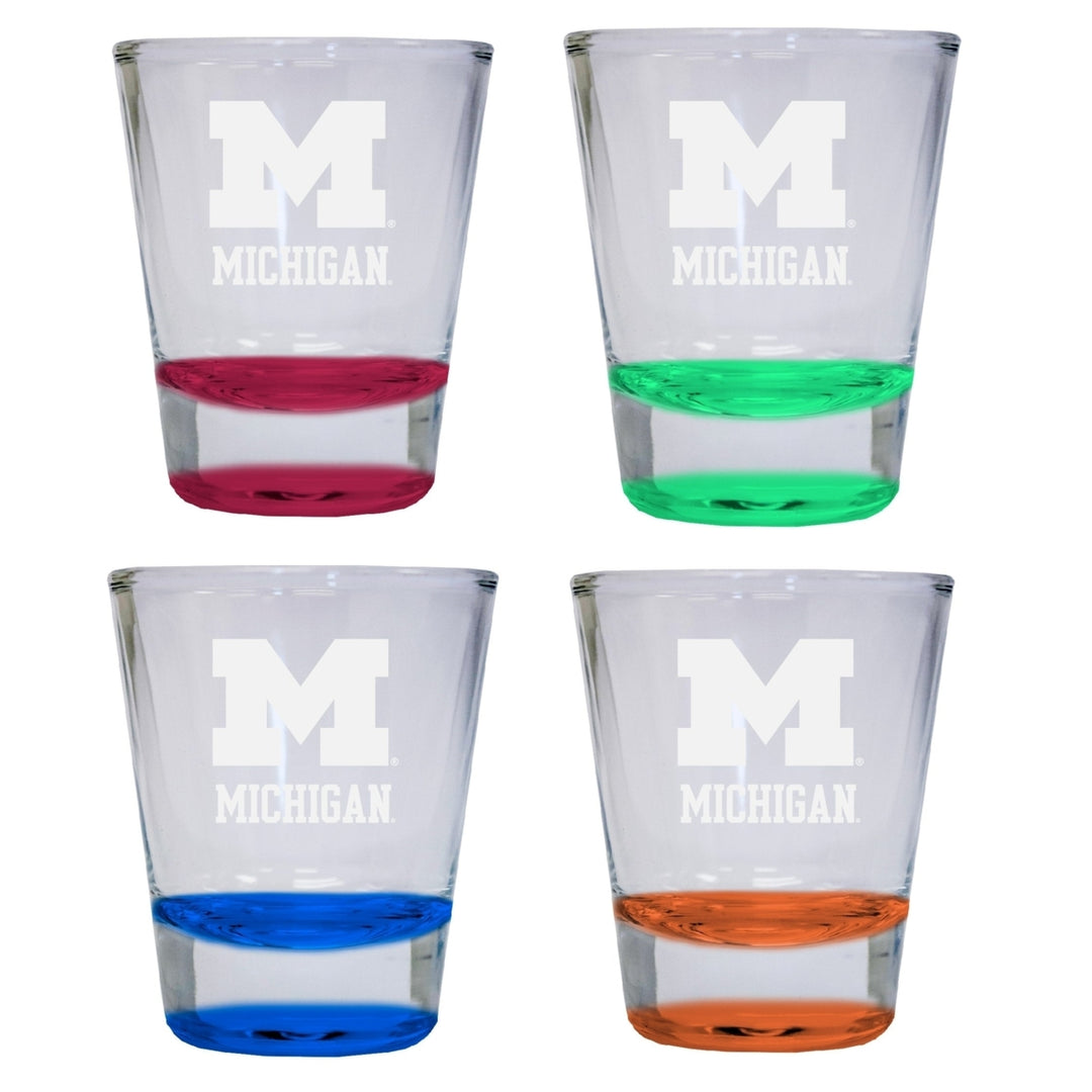 NCAA Michigan Wolverines Collectors 2oz Laser-Engraved Spirit Shot Glass Red, Orange, Blue and Green 4-Pack Image 1